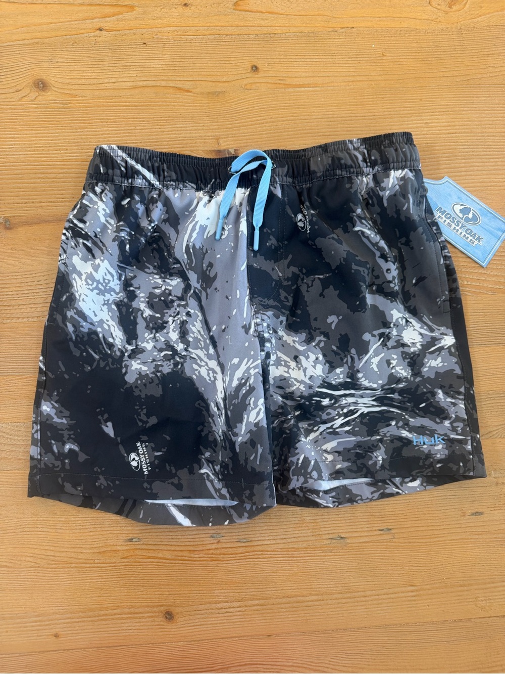 Huk Boys Swim Trunks, Size L, Black Gray Mossy Oak Print